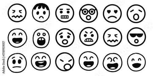 Hand drawn face smile icon line people face emotions set in doodle scribble pencil marker style hand drawn. Grunge Face Emoji Icon Set. Grunge Vector Emoticons.