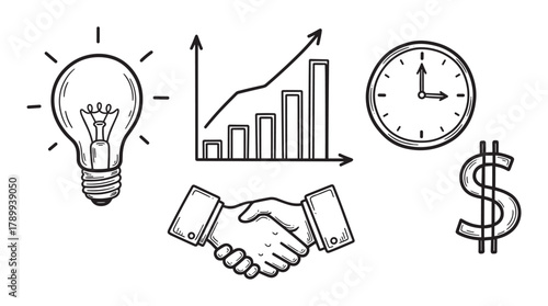 Hand drawn business icon set for success and growth concepts. Doodle collection with lightbulb, chart, clock, handshake and money symbol for financial presentations