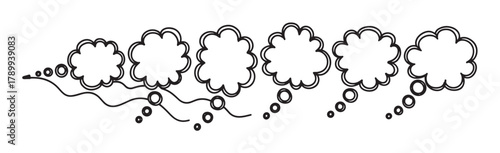 Hand drawn thought bubbles in a continuous line representing a flow of ideas. Minimalist sketch comic style elements for dialogue, brainstorming or creative thinking concepts