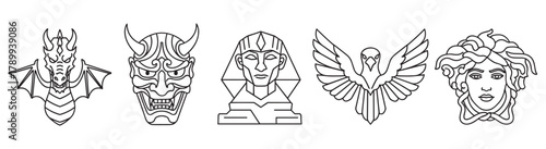 Collection of mythological symbols from different cultures in a clean outline style. Includes a dragon, japanese demon, egyptian pharaoh, eagle, and greek medusa head