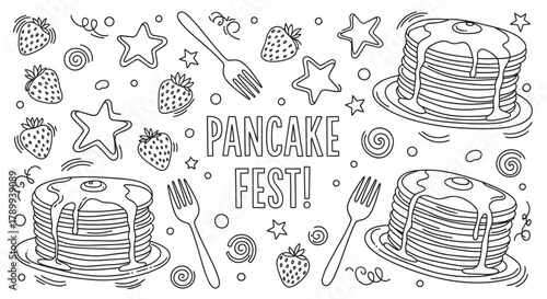 Pancake fest doodle banner with stacks of pancakes, strawberries and forks. Hand drawn breakfast food elements for a festival celebration or menu design