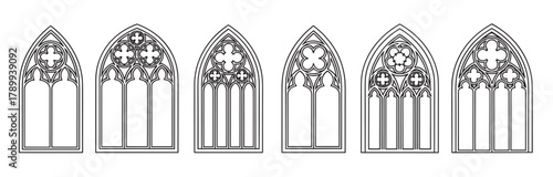 Set of gothic arched windows with decorative tracery. Medieval cathedral architecture elements in a minimal line art style. Classic church window silhouettes for design