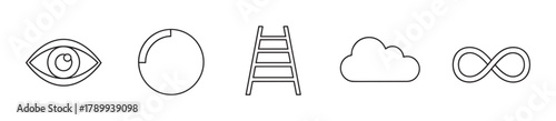 Abstract concept icons for business and technology. Minimalist line art collection with eye, ladder, cloud, and infinity symbols for web design or presentations