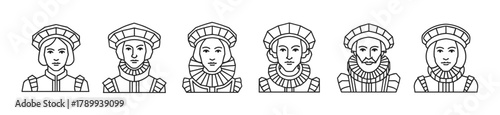 Historical portraits of the english tudor dynasty. Minimalist line art icon set of kings and queens from the elizabethan era for educational or museum branding