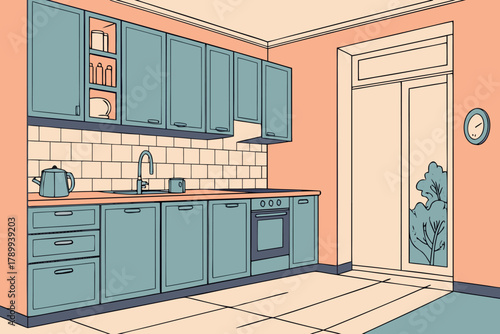 Stylish kitchen interior with blue-green cabinets, tiled backsplash, and light peach walls