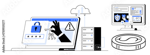 Laptop screen showing lock, key retrieval alert, cloud storage, data servers, security dashboard, coin stack. Ideal for cybersecurity, data protection, online threats cloud technology risk
