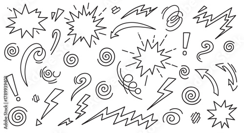 Hand drawn doodle set of comic book elements for emphasis. Collection of abstract cartoon symbols like lightning bolts, explosions, swirls and arrows for graphic design