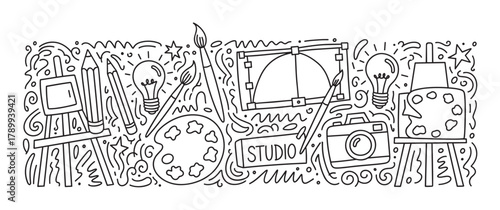Creative art studio doodle with painting and drawing tools. Hand drawn banner concept for a design agency or workshop with camera, easel, pencil and lightbulb icons