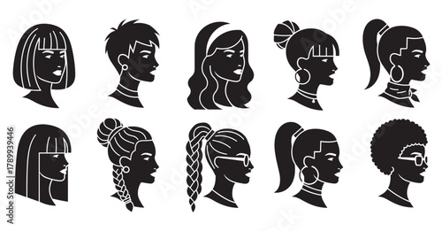 Set of diverse female head silhouettes with various modern hairstyles. Black and white graphic icons for beauty salon branding, avatars or fashion concept design