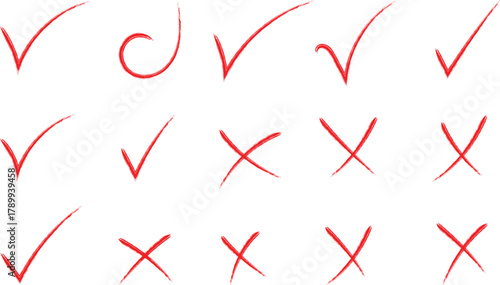 Hand Drawn Red Check Mark and Cross Symbols on Transparent Background