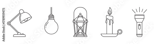 Light source icon collection in a minimal outline style. Set of lighting equipment including a desk lamp, bulb, lantern, candle, and flashlight for graphic design projects