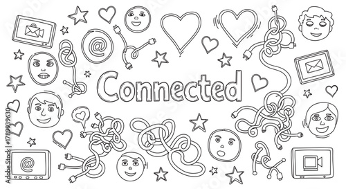 Hand drawn outline art about being connected in the digital age. A collection of social media icons, tangled wires, human faces, and hearts for a communication theme