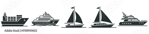 Collection of various water transport silhouettes for graphic design. Features a container vessel, passenger cruise liner, sailboat, and private yacht for logistics or travel themes