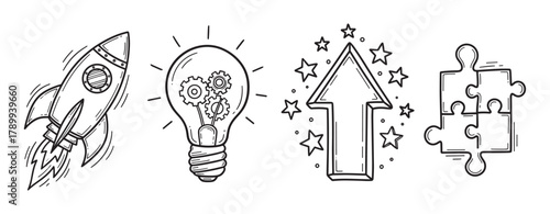 Startup business icon set with rocket launch and lightbulb idea. Hand drawn doodle collection representing growth, innovation, and problem solving concepts for success