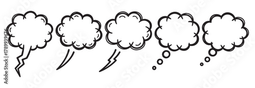 Collection of hand drawn speech bubbles and thought clouds in a doodle style. Black outline comic book text boxes for communication, dialogue, angry shouting and thinking concepts