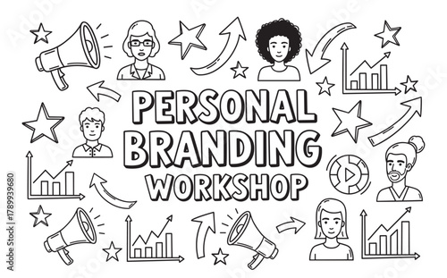 Hand drawn doodle set for a personal branding workshop. Diverse people avatars, growth charts and megaphones illustrate self marketing, reputation and career development