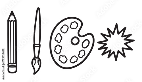 Art supplies icon collection with a pencil, paintbrush, palette, and splash symbol. Minimalist black and white line art for creative projects or educational materials