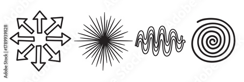 Collection of abstract line art symbols representing different concepts. Featuring expansion arrows, an energy starburst, frequency waves, and a hypnotic spiral for design