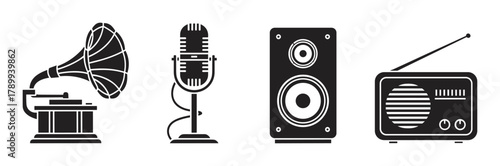 Set of retro music and audio equipment icons including a gramophone, microphone, speaker and radio. Vintage sound technology symbols for graphic design projects and web elements