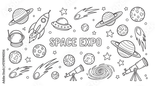 Space expo doodle set with various astronomy icons like planets rocket and stars. Black and white line art collection for a kids coloring book or educational science project