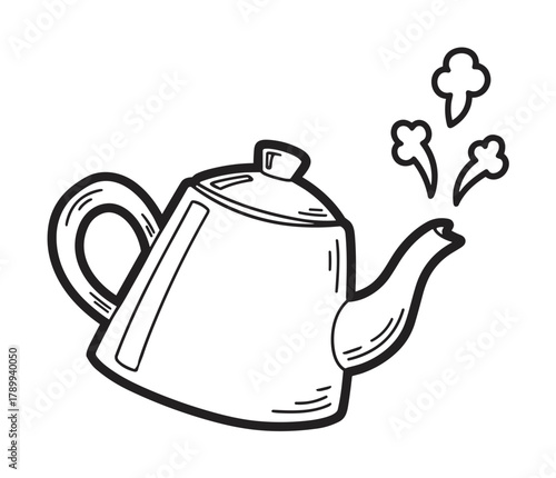 Boiling teapot with steam in a simple hand drawn doodle style. Minimalist black and white line art of a hot kettle for kitchenware icons or beverage themed designs