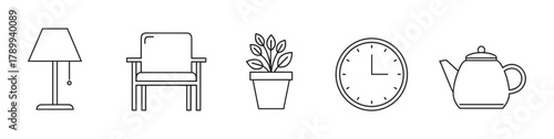 Minimalist outline icons of household items for interior design concepts. Linear symbol set featuring a lamp, armchair, plant, clock, and teapot for graphic projects