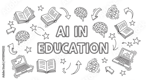 Artificial intelligence in education concept with hand drawn elements. Doodle icon set with brain, book, and laptop symbols for e-learning and modern teaching methods