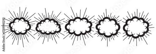 Set of comic book explosion bubbles with radial lines. Black and white pop art burst elements for cartoon dialogue or action effects, isolated graphic design collection