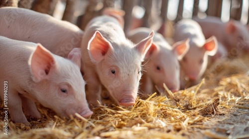 Candid barnyard photo showing energetic piglets feeding in fresh straw, illuminated by warm light, capturing the lively innocence, social play, and natural curiosity of rural farm animals.