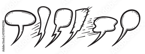 Hand drawn comic speech bubbles collection in a sketchy doodle style. Empty black and white dialogue balloons for text messages or pop art communication