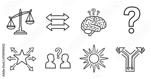 Hand drawn icon set for decision making and problem solving concepts. Includes symbols for comparison, choice, confusion and clarity. Minimalist doodle elements for infographics