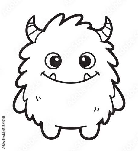 Adorable little monster character with a friendly smile and horns. Black and white doodle drawing for a kids coloring page, sticker or educational material