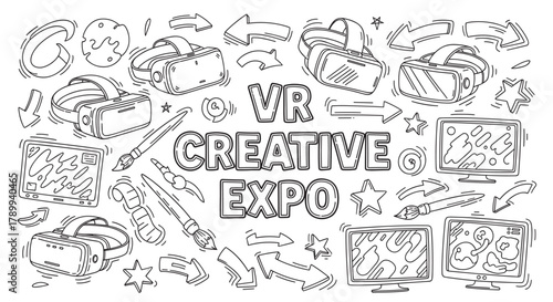 Vr creative expo doodle set with virtual reality headsets and technology elements. Hand drawn line art collection for metaverse events or digital art concepts