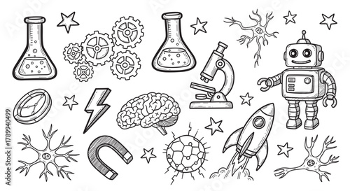 Science and technology doodle icon set in a hand drawn style. Elements for education and innovation concepts include a robot, brain, microscope, rocket, and chemistry flask