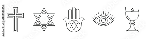 Set of religious and spiritual line art icons for graphic design. Collection includes a christian cross, star of david, hamsa hand, all seeing eye, and holy chalice symbol
