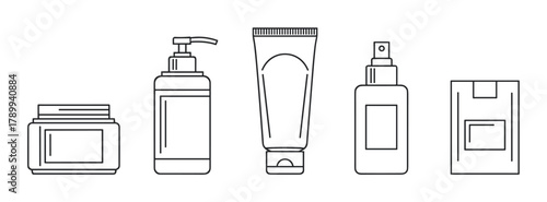 Cosmetic packaging line icon set for beauty and skincare branding. Minimalist outline collection with a bottle, tube, jar, spray, and sachet for product design mockups