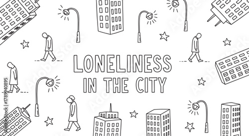 Loneliness in the city conceptual drawing with sad people walking alone. A minimal line art pattern showing depression and social isolation in a modern urban environment