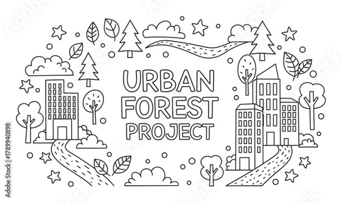 Urban forest project concept with city buildings and nature elements. Minimalist line art drawing for ecology and sustainability themes. Greening the city for environmental conservation