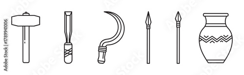 Set of ancient tools and weapons from the stone age. Prehistoric line icons including hammer, sickle, spear, and pottery for historical or archaeological design projects