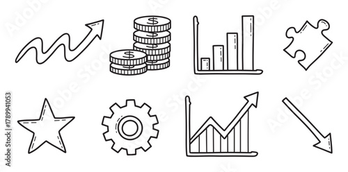 Hand drawn business icon set for finance and strategy concepts. Doodle collection includes growth chart, money coins, puzzle piece, gear and arrows for presentation design
