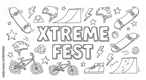 Xtreme fest doodle set with skateboards and bmx bikes. Hand drawn collection of extreme sports equipment like helmets and ramps for a festival poster or coloring page