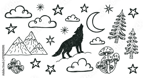 Hand drawn collection of mystical forest and mountain elements in a doodle style. A howling wolf silhouette with moon, stars, pine trees, clouds and mushrooms clip art set