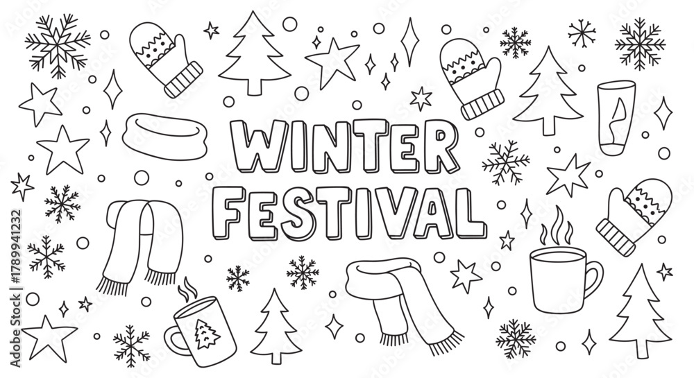 Obraz premium Winter festival lettering with a collection of seasonal doodle icons. Hand drawn set with snowflakes, christmas trees, mittens and hot cocoa for holiday greeting cards or banners