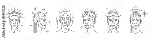 Set of abstract celestial portraits with divine halos and stars. Minimalist line art icons of futuristic goddesses for modern spiritual branding and astrology concepts