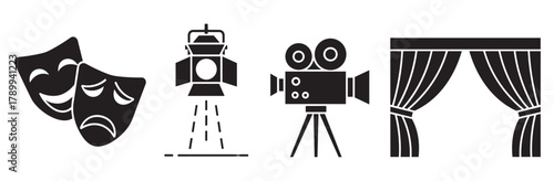 Collection of black glyph icons for theater and cinema concepts. Features theatrical masks, a stage spotlight, a movie camera, and curtains for entertainment industry design