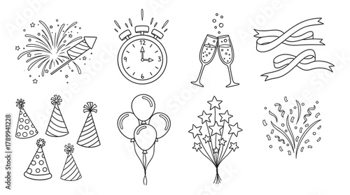 New year's eve party icon set with celebration elements. Hand drawn doodle collection of fireworks, champagne, and a midnight clock. Minimalist outline symbols for holiday design