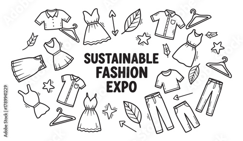 Sustainable fashion expo banner with hand drawn clothing icons. Eco friendly and ethical apparel concept in a simple doodle style for a conscious consumption event