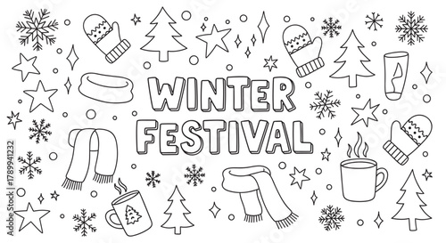 Winter festival lettering with a collection of seasonal doodle icons. Hand drawn set with snowflakes, christmas trees, mittens and hot cocoa for holiday greeting cards or banners