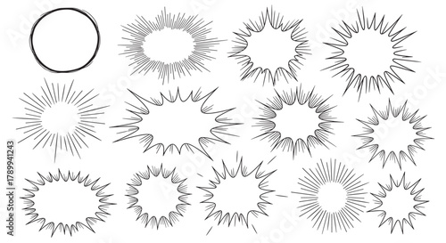 Collection of hand drawn comic speech bubbles and explosion shapes. Manga style doodle frames for surprise or emphasis. Set of isolated black and white line art elements for design