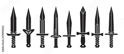 A collection of various medieval sword silhouettes for fantasy game design. Black weapon icons and dagger shapes for historical or mythological creative projects